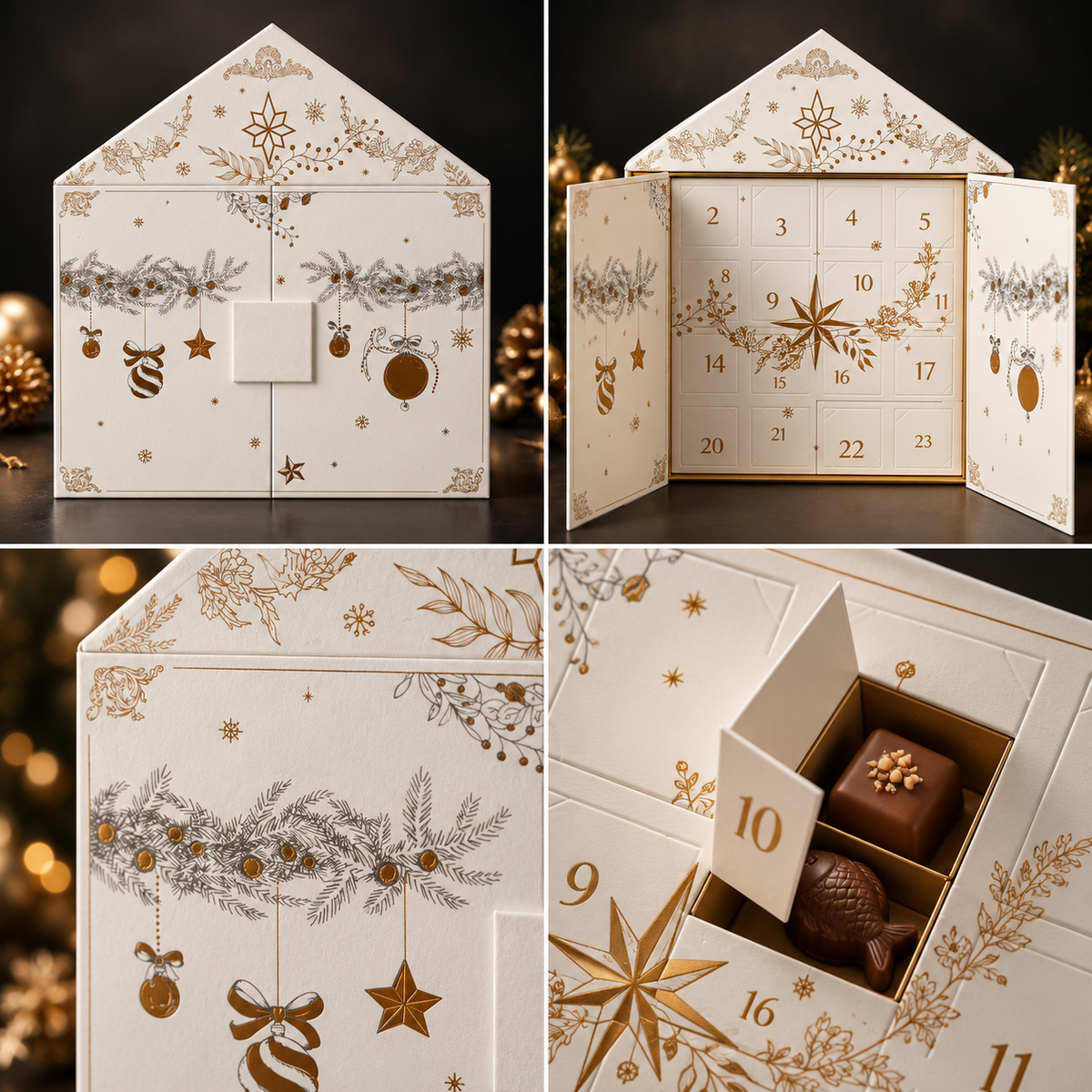 Calendrier de l’Avent Fenêtres Blanc & Or – 42,50 €